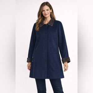 Vintage JAD Navy Wool Coat Womens Leopard Print Trim‎ Mid Length Jacket USA